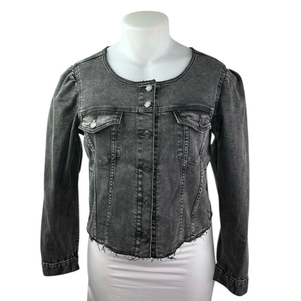 NEW Gap Women's Black Long Puff Sleeve Button Down Denim Jean Jacket Size XL